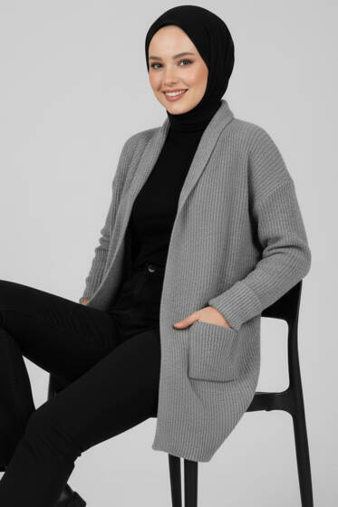 Şal Yaka Pirinç Örgü Triko Hırka Gri - Hırka