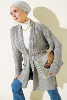 Şal Yaka Pirinç Örgü Triko Hırka Gri - RAFİMİX