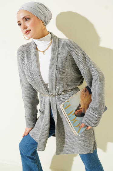 Şal Yaka Pirinç Örgü Triko Hırka Gri - Hırka