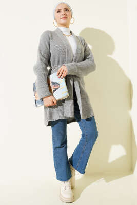 Şal Yaka Pirinç Örgü Triko Hırka Gri - Hırka
