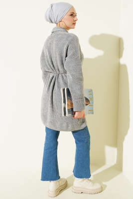 Şal Yaka Pirinç Örgü Triko Hırka Gri - Hırka