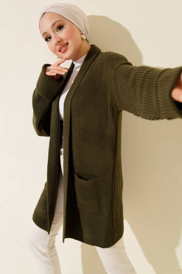 Şal Yaka Pirinç Örgü Triko Hırka Haki - Hırka