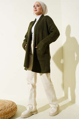 Şal Yaka Pirinç Örgü Triko Hırka Haki - RAFİMİX