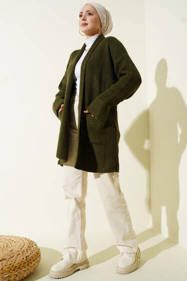 Şal Yaka Pirinç Örgü Triko Hırka Haki - Hırka