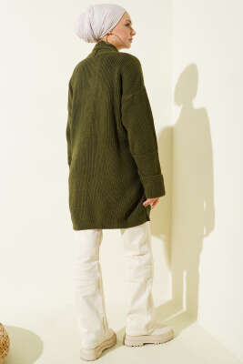 Şal Yaka Pirinç Örgü Triko Hırka Haki - Hırka