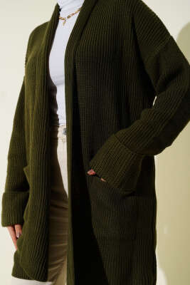 Şal Yaka Pirinç Örgü Triko Hırka Haki - Hırka