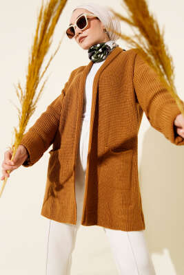 Şal Yaka Pirinç Örgü Triko Hırka Hardal - RAFİMİX