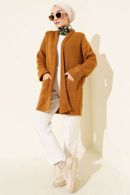 Şal Yaka Pirinç Örgü Triko Hırka Hardal - Hırka