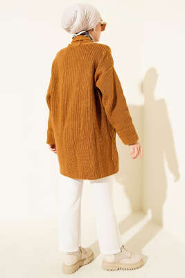 Şal Yaka Pirinç Örgü Triko Hırka Hardal - Hırka