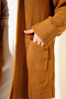 Şal Yaka Pirinç Örgü Triko Hırka Hardal - Hırka