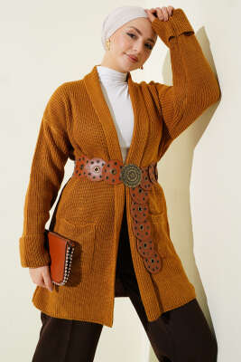 Şal Yaka Pirinç Örgü Triko Hırka Hardal - RAFİMİX