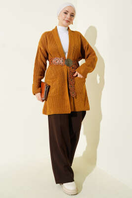 Şal Yaka Pirinç Örgü Triko Hırka Hardal - Hırka