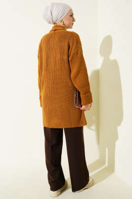 Şal Yaka Pirinç Örgü Triko Hırka Hardal - Hırka
