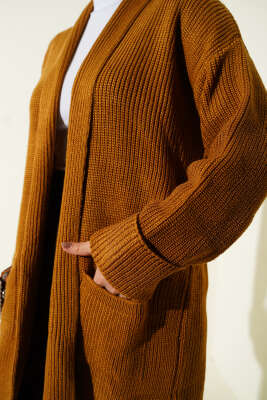Şal Yaka Pirinç Örgü Triko Hırka Hardal - Hırka