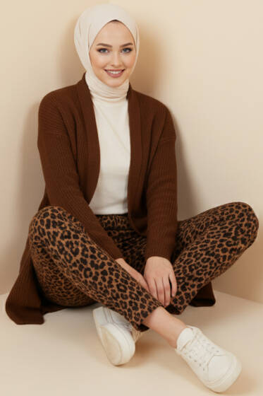 Şal Yaka Pirinç Örgü Triko Hırka Kahve - Hırka