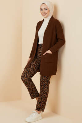 Şal Yaka Pirinç Örgü Triko Hırka Kahve - Hırka