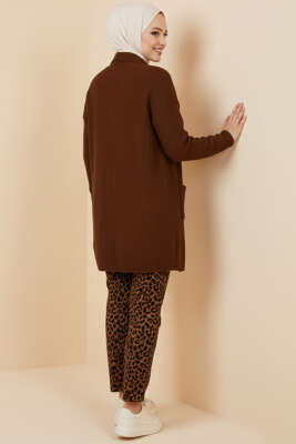 Şal Yaka Pirinç Örgü Triko Hırka Kahve - Hırka