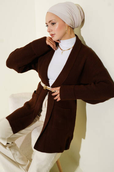 Şal Yaka Pirinç Örgü Triko Hırka Kahve - Hırka