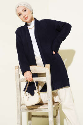 Şal Yaka Pirinç Örgü Triko Hırka Lacivert - RAFİMİX