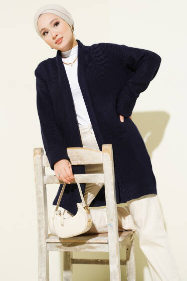 Şal Yaka Pirinç Örgü Triko Hırka Lacivert - Hırka