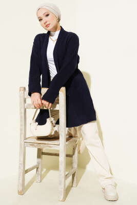 Şal Yaka Pirinç Örgü Triko Hırka Lacivert - Hırka