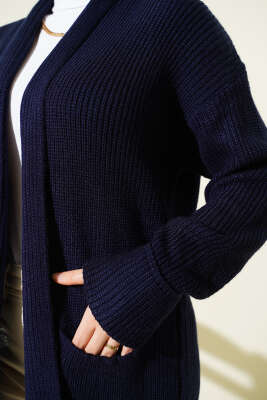 Şal Yaka Pirinç Örgü Triko Hırka Lacivert - Hırka