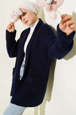 Şal Yaka Pirinç Örgü Triko Hırka Lacivert - RAFİMİX