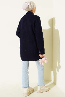 Şal Yaka Pirinç Örgü Triko Hırka Lacivert - Hırka