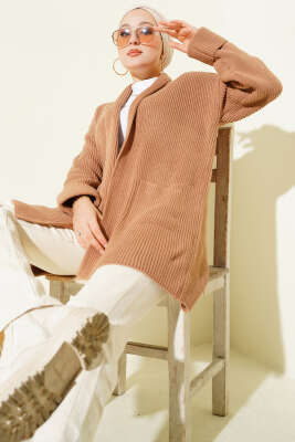 Şal Yaka Pirinç Örgü Triko Hırka Latte 