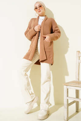 Şal Yaka Pirinç Örgü Triko Hırka Latte - Hırka