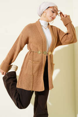 Şal Yaka Pirinç Örgü Triko Hırka Latte - RAFİMİX