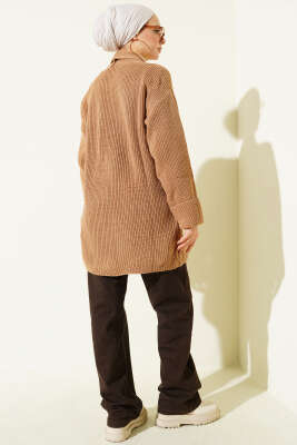 Şal Yaka Pirinç Örgü Triko Hırka Latte - Hırka