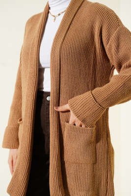 Şal Yaka Pirinç Örgü Triko Hırka Latte - Hırka