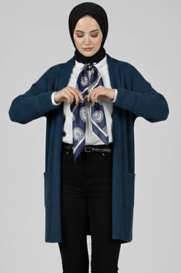 Şal Yaka Pirinç Örgü Triko Hırka Petrol - Hırka