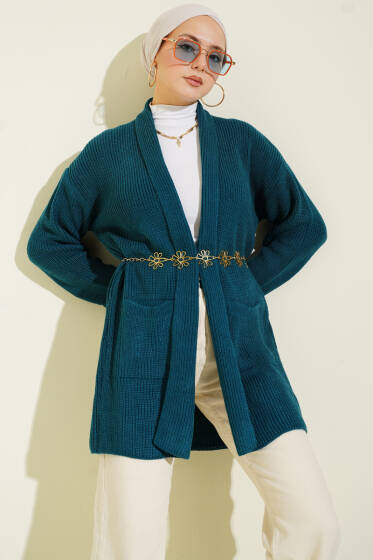 Şal Yaka Pirinç Örgü Triko Hırka Petrol - Hırka