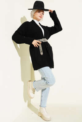 Şal Yaka Pirinç Örgü Triko Hırka Siyah - Hırka