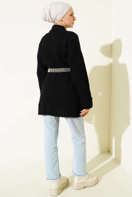 Şal Yaka Pirinç Örgü Triko Hırka Siyah - Hırka