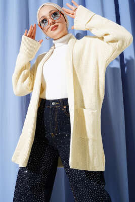 Şal Yaka Pirinç Örgü Triko Hırka Taş - RAFİMİX