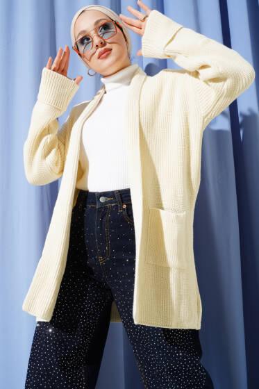 Şal Yaka Pirinç Örgü Triko Hırka Taş - Hırka