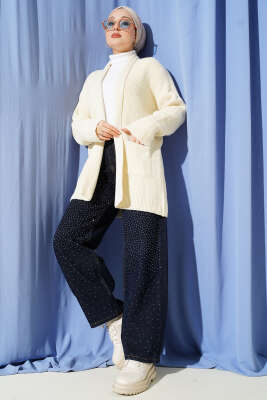 Şal Yaka Pirinç Örgü Triko Hırka Taş - Hırka