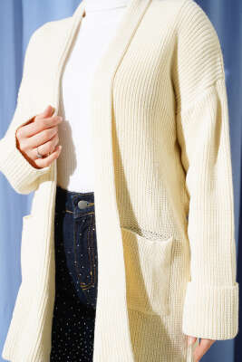 Şal Yaka Pirinç Örgü Triko Hırka Taş - Hırka