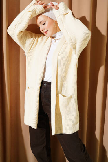 Şal Yaka Pirinç Örgü Triko Hırka Taş - Hırka