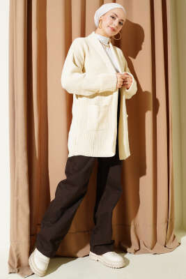 Şal Yaka Pirinç Örgü Triko Hırka Taş - Hırka