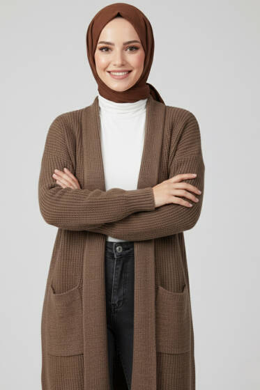 Şal Yaka Pirinç Örgü Triko Hırka Vizon - Hırka