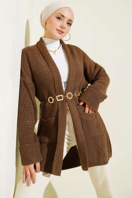 Şal Yaka Pirinç Örgü Triko Hırka Vizon - RAFİMİX