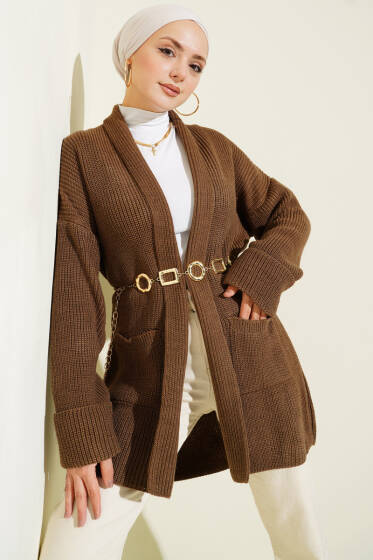 Şal Yaka Pirinç Örgü Triko Hırka Vizon - Hırka