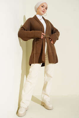 Şal Yaka Pirinç Örgü Triko Hırka Vizon - Hırka