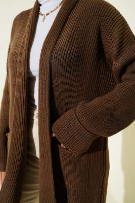 Şal Yaka Pirinç Örgü Triko Hırka Vizon - Hırka