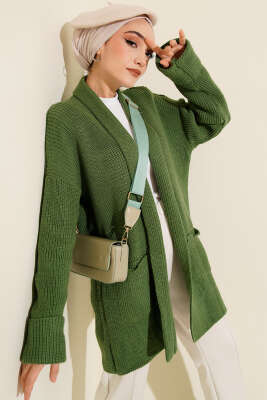 Şal Yaka Pirinç Örgü Triko Hırka Yeşil - RAFİMİX