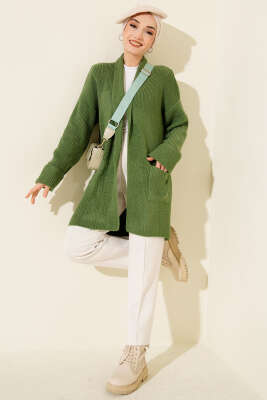 Şal Yaka Pirinç Örgü Triko Hırka Yeşil - Hırka